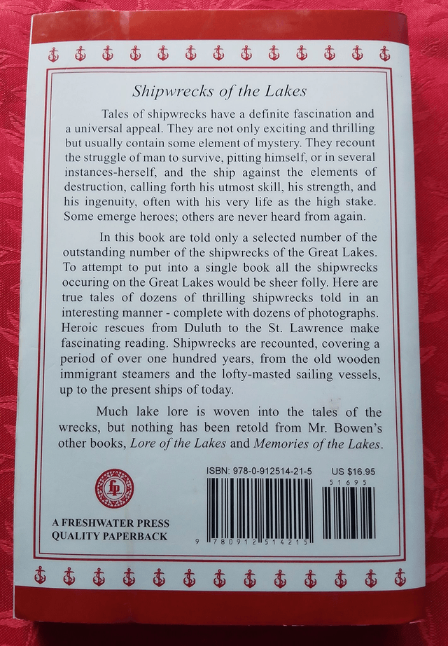 SHIPWRECKS OF THE LAKES Told in Story and Picture by Dana Thomas Bowen - Paperback ISBN:  9780912514215 